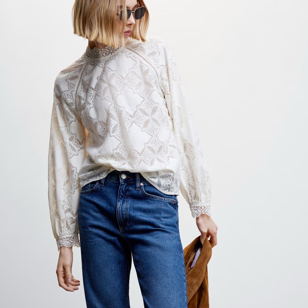 Mango Puffed Sleeves Lace Blouse